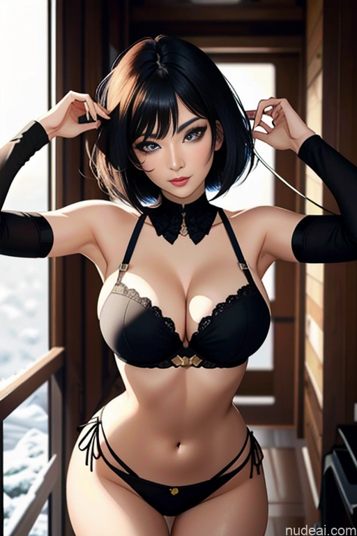 Woman One Perfect Boobs Beautiful 18 Sexy Face Black Hair Bobcut Straight Asian Arabic Front View Big Ass Detailed Apron Snow