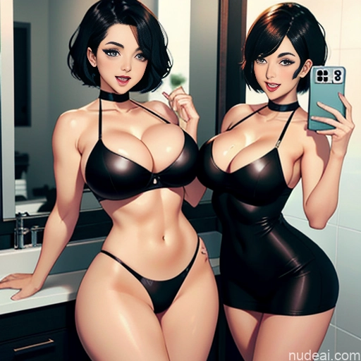 ai nude image of pics of Woman Two Busty Perfect Boobs Beautiful Thick Big Hips Perfect Body Short Hair 18 Shocked Happy Black Hair Bobcut Japanese Mirror Selfie Soft + Warm Bathroom Front View Pose Legs Up Nude Choker Bright Lighting