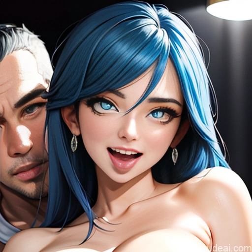 Woman + Man Huge Boobs 18 Looking_through_legs Ahegao (smile) Dark Lighting Blue Hair Messy Soft Anime