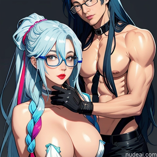 ai nude image of pics of Woman + Man Huge Boobs 18 Dark Lighting Blue Hair Messy Soft Anime Glasses Lipstick Perfect Body Long Hair Reverse Upright Straddle Nude Cumshot Maske's Balls Deep Deepthroat Ahegao