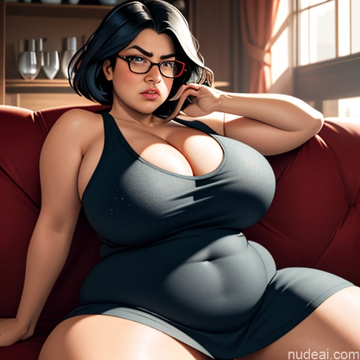 18 Bobcut Front View Couch Angry Fat Glasses Huge Boobs Cleavage Transparent Tank Top