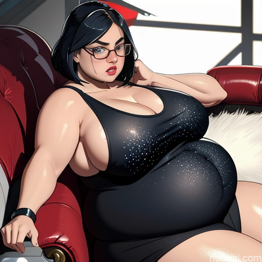 18 Bobcut Front View Couch Angry Fat Glasses Huge Boobs Cleavage Transparent Tank Top