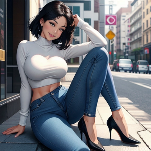 ai nude image of pics of Perfect Boobs Beautiful Perfect Body 18 Happy Black Hair Bobcut Asian Soft + Warm Street Woman Milf Jacket High Heels Jeans Jumpsuit