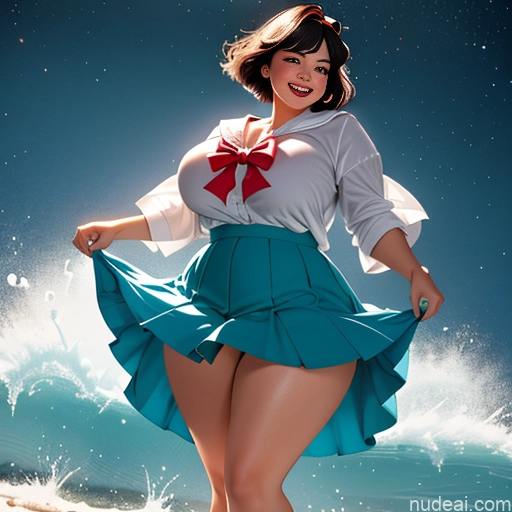 18 Chubby Huge Boobs Short Hair Bows Shirt Sweater Sailor High Socks Long Skirt Happy