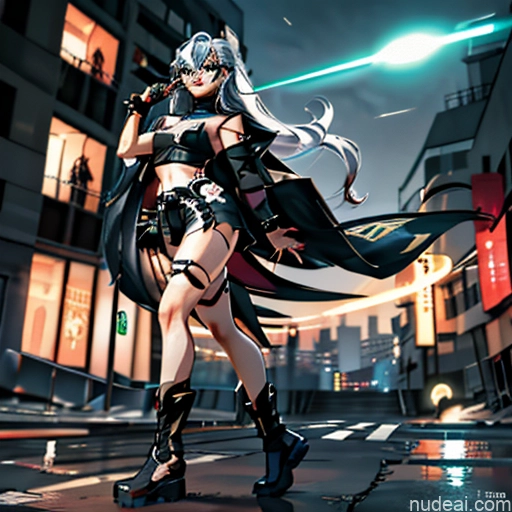 Woman One Perfect Body Girl 20s Seductive White Hair Long Hair Glasses Bangs Messy White Black And White Soft Anime Crisp Anime Cyberpunk Tokyo Front View Boots Choker Crop Top Face Mask Gloves Jacket Short Shorts Thigh Socks Whale Tail (Clothing) Urban Samurai V2