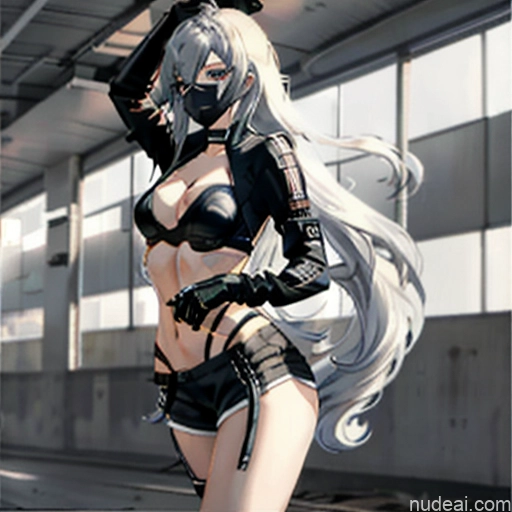 Woman One Perfect Body Girl 20s Seductive White Hair Long Hair Bangs Messy White Black And White Soft Anime Crisp Anime Cyberpunk Tokyo Front View Boots Choker Crop Top Face Mask Gloves Jacket Short Shorts Thigh Socks Whale Tail (Clothing) Urban Samurai V2