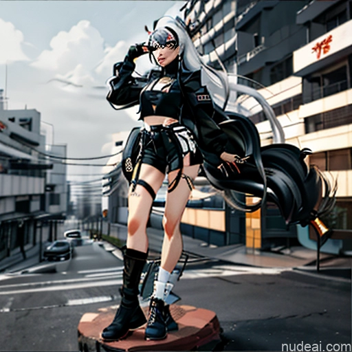 ai nude image of pics of Woman One Perfect Body Girl 20s Seductive White Hair Long Hair Bangs Messy White Black And White Soft Anime Crisp Anime Cyberpunk Tokyo Front View Boots Choker Crop Top Face Mask Gloves Jacket Short Shorts Thigh Socks Whale Tail (Clothing) Urban Samurai V2