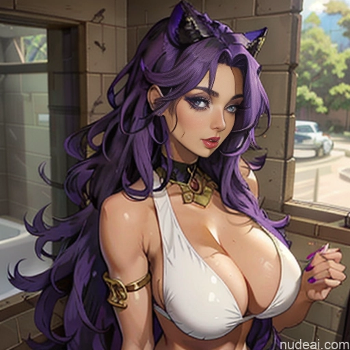 20s Topless Purple Hair Huge Boobs Oiled Body Full Frontal Dark Skin Latina Two Fur Cute Monster Egyptian Has Wings Bathroom Shower