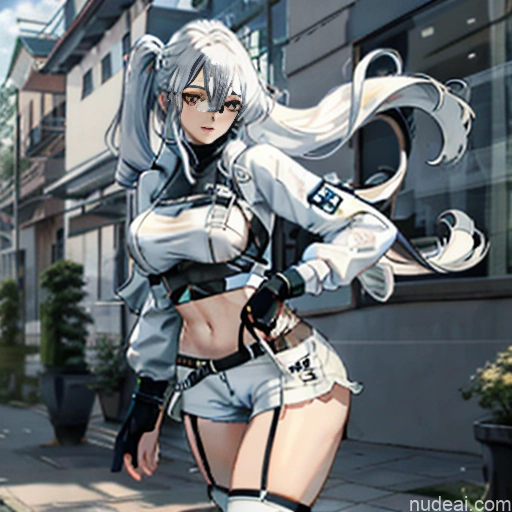 Woman One Perfect Body Long Hair 20s Seductive White Hair Straight Bangs White Soft Anime Crisp Anime Urban Samurai V2 Whale Tail (Clothing) Short Shorts Thigh Socks Crop Top Jacket Close-up View