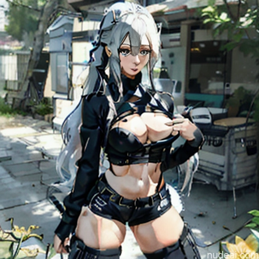 Woman One Perfect Body Long Hair 20s Seductive White Hair Straight Bangs White Soft Anime Crisp Anime Urban Samurai V2 Whale Tail (Clothing) Short Shorts Thigh Socks Crop Top Jacket Close-up View Flashing Tits #2