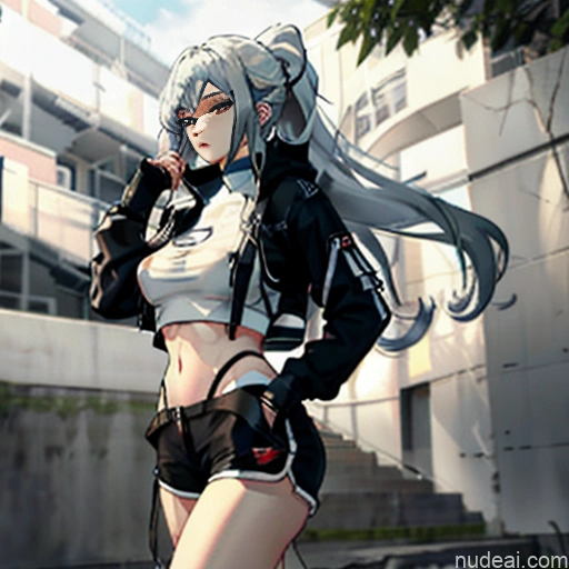 Woman One Perfect Body Long Hair 20s Seductive White Hair Straight Bangs White Soft Anime Crisp Anime Urban Samurai V2 Whale Tail (Clothing) Short Shorts Thigh Socks Crop Top Jacket Close-up View Skinny