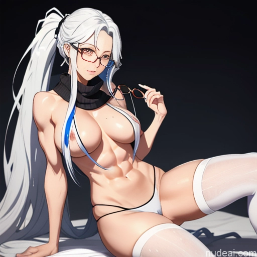 Woman One Glasses Perfect Body Long Hair Reverse Upright Straddle 20s Seductive White Hair Ponytail Bangs White Soft Anime Crisp Anime Bedroom Virgin Killer Sweater V4 Thigh Socks