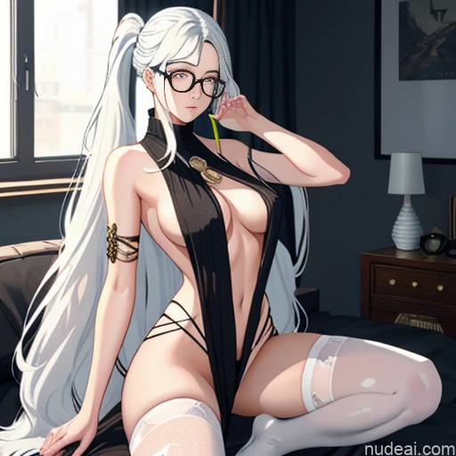 ai nude image of pics of Woman One Glasses Long Hair 20s Seductive White Hair Ponytail Bangs White Soft Anime Crisp Anime Bedroom Virgin Killer Sweater V4 Thigh Socks Skinny Straddling