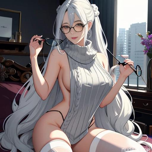 Woman One Glasses Long Hair 20s Seductive White Hair Bangs White Soft Anime Crisp Anime Bedroom Virgin Killer Sweater V4 Thigh Socks Skinny Straddling Messy