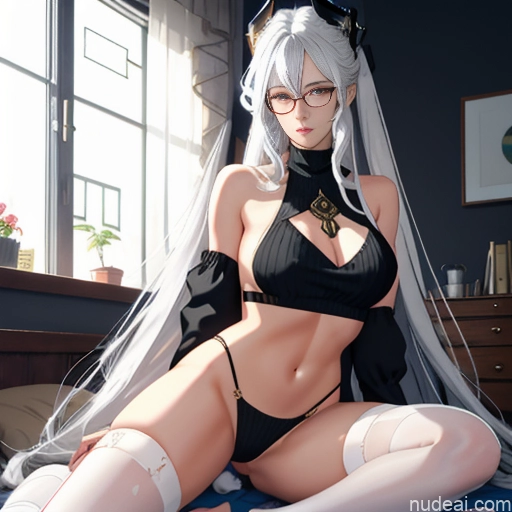 Woman One Glasses Long Hair 20s Seductive White Hair Bangs White Soft Anime Crisp Anime Bedroom Virgin Killer Sweater V4 Thigh Socks Skinny Straddling Messy