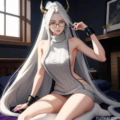 Woman One Glasses Long Hair 20s Seductive White Hair Bangs White Soft Anime Crisp Anime Bedroom Virgin Killer Sweater V4 Thigh Socks Skinny Straddling Messy