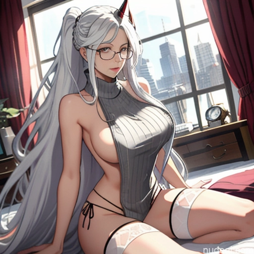 Woman One Glasses Long Hair 20s Seductive White Hair Bangs White Soft Anime Crisp Anime Bedroom Virgin Killer Sweater V4 Thigh Socks Skinny Straddling Messy