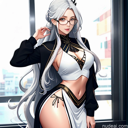 ai nude image of pics of Woman One Glasses Long Hair 20s Seductive White Hair Bangs White Soft Anime Crisp Anime Bedroom Skinny Messy Dance Dress: Belly Dance Yoga