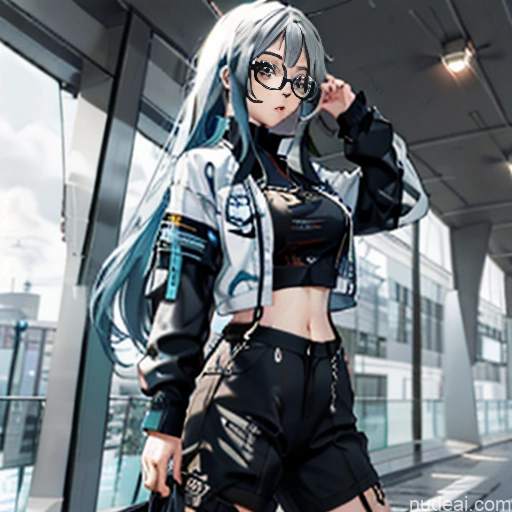 Woman One Skinny Long Hair Glasses 20s Seductive White Hair Straight Bangs White Soft Anime Crisp Anime Tokyo Close-up View Urban Samurai V2 Crop Top Jacket Short Shorts Whale Tail (Clothing)