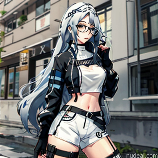 related ai porn images free for Woman One Skinny Long Hair Glasses 20s Seductive White Hair Straight Bangs White Soft Anime Crisp Anime Close-up View Urban Samurai V2 Crop Top Jacket Short Shorts Whale Tail (Clothing) Thigh Socks