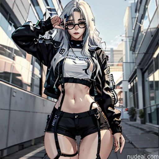 related ai porn images free for Woman One Skinny Long Hair Glasses 20s Seductive White Hair Straight Bangs White Close-up View Urban Samurai V2 Crop Top Jacket Short Shorts Whale Tail (Clothing) Thigh Socks