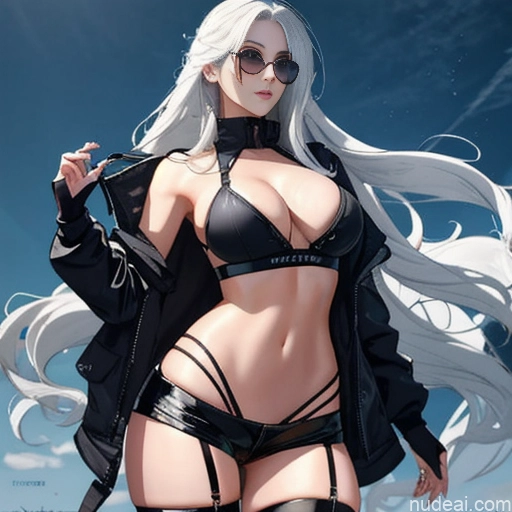 Woman One Skinny Long Hair Glasses 20s Seductive White Hair Straight Bangs White Close-up View Crop Top Jacket Short Shorts Whale Tail (Clothing) Thigh Socks Urban Samurai V1