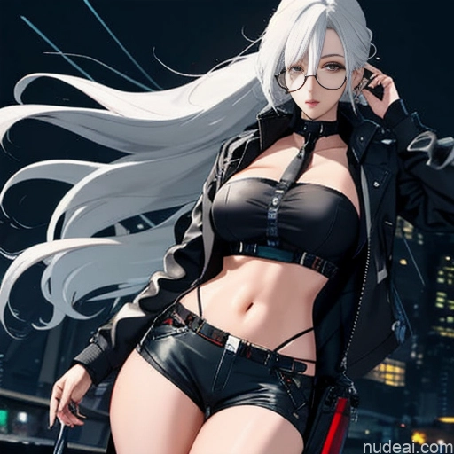 ai nude image of pics of Woman One Skinny Long Hair Glasses 20s Seductive White Hair Straight Bangs White Close-up View Crop Top Jacket Short Shorts Whale Tail (Clothing) Thigh Socks Urban Samurai V1 Tokyo