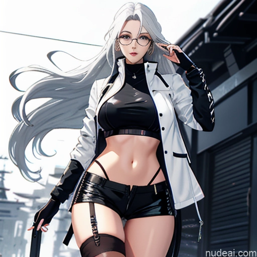 related ai porn images free for Woman One Skinny Long Hair Glasses 20s Seductive White Hair Straight Bangs White Close-up View Crop Top Jacket Short Shorts Whale Tail (Clothing) Thigh Socks Urban Samurai V1 Tokyo