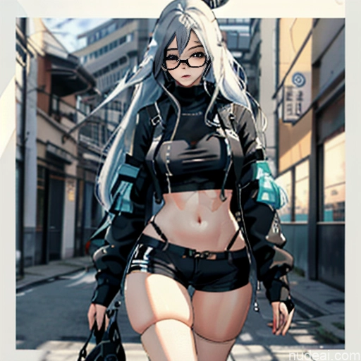 related ai porn images free for Woman One Skinny Long Hair Glasses 20s Seductive White Hair Straight Bangs White Close-up View Crop Top Jacket Short Shorts Whale Tail (Clothing) Thigh Socks Tokyo Urban Samurai V2