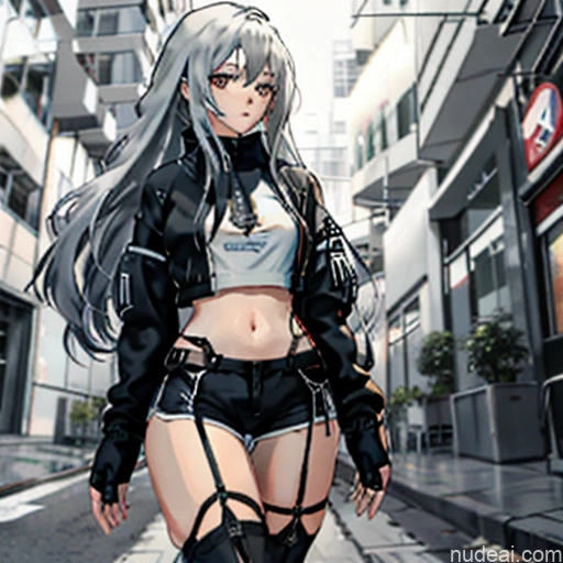 Woman One Skinny Long Hair 20s Seductive White Hair Straight Bangs White Close-up View Crop Top Jacket Short Shorts Whale Tail (Clothing) Thigh Socks Tokyo Urban Samurai V2