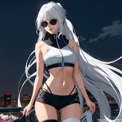 Woman One Skinny Long Hair 20s Seductive White Hair Straight Bangs White Close-up View Crop Top Jacket Short Shorts Whale Tail (Clothing) Thigh Socks Tokyo Urban Samurai V2 MASK