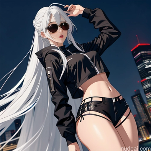 Woman One Skinny Long Hair 20s Seductive White Hair Straight Bangs White Close-up View Crop Top Jacket Short Shorts Whale Tail (Clothing) Thigh Socks Tokyo Urban Samurai V2 MASK