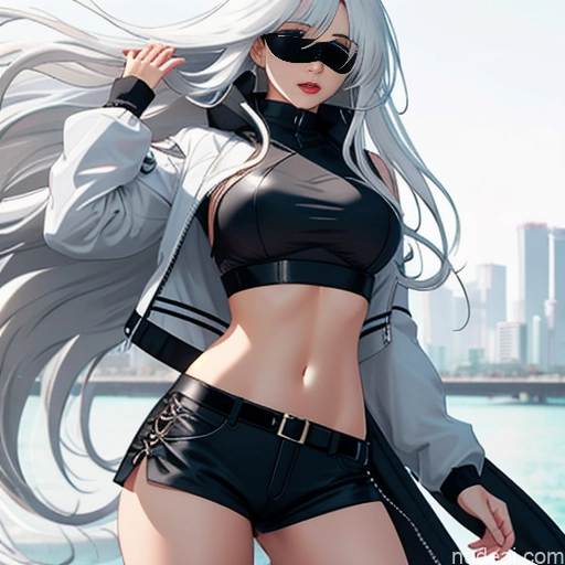 related ai porn images free for Woman One Skinny Long Hair 20s Seductive White Hair Straight Bangs White Close-up View Crop Top Jacket Short Shorts Whale Tail (Clothing) Thigh Socks Tokyo Urban Samurai V2 MASK