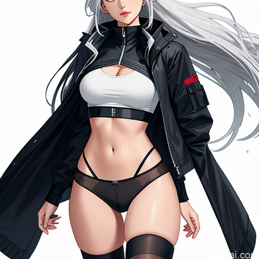 Woman One Skinny Long Hair 20s Seductive White Hair Straight Bangs White Close-up View Crop Top Jacket Short Shorts Whale Tail (Clothing) Thigh Socks Tokyo Urban Samurai V2 MASK