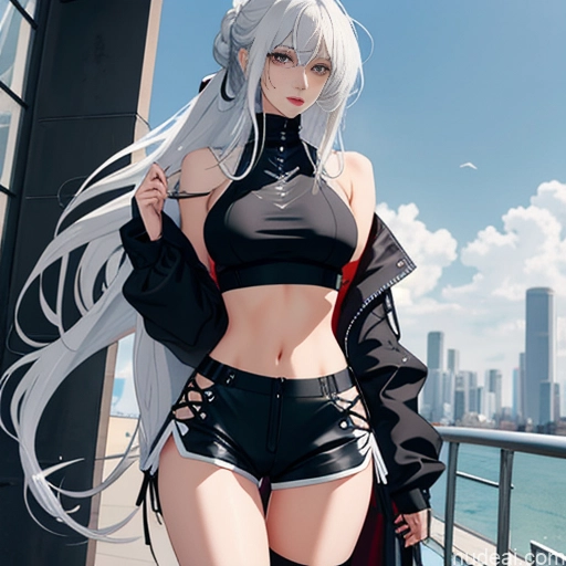 Woman One Skinny Long Hair 20s Seductive White Hair Straight Bangs White Close-up View Crop Top Jacket Short Shorts Whale Tail (Clothing) Thigh Socks Tokyo Urban Samurai V2 MASK