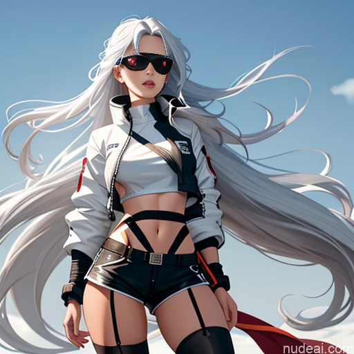 Woman One Skinny Long Hair 20s Seductive White Hair Straight Bangs White Close-up View Crop Top Jacket Short Shorts Whale Tail (Clothing) Thigh Socks Tokyo Urban Samurai V2 MASK