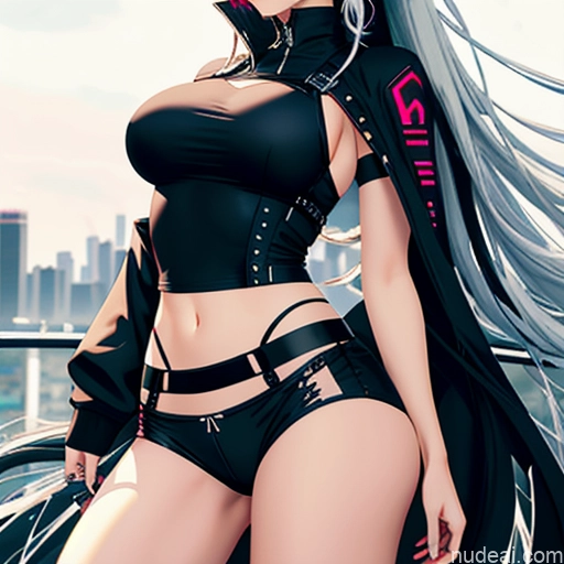 Woman One Skinny Long Hair 20s Seductive White Hair Straight Bangs White Close-up View Crop Top Jacket Short Shorts Whale Tail (Clothing) Thigh Socks Tokyo Urban Samurai V2 MASK Cyberpunk