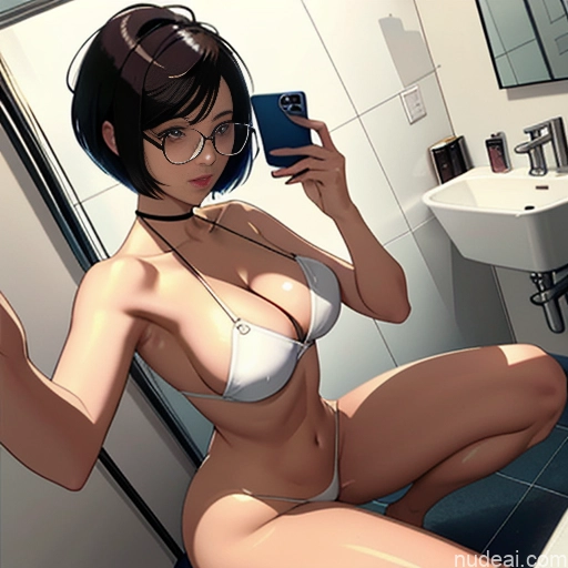 ai nude image of pics of Woman One Perfect Boobs Glasses Beautiful Big Ass Short Hair Fairer Skin 20s Orgasm German Brunette Messy Mirror Selfie Bathroom Front View Squatting Nude