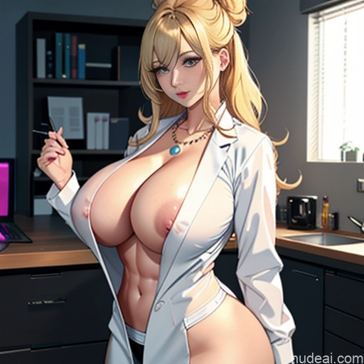 ai nude image of pics of Milf One Huge Boobs Perfect Boobs Beautiful Thick Big Hips Perfect Body Huge Tits, Hard Nipples Hair Bun Office Cleavage Transparent Pearl Jewelry Dark Lighting Soft + Warm Skin Detail (beta) Hospital Lab Coat Partially Nude No Panties? Blonde Bimbo