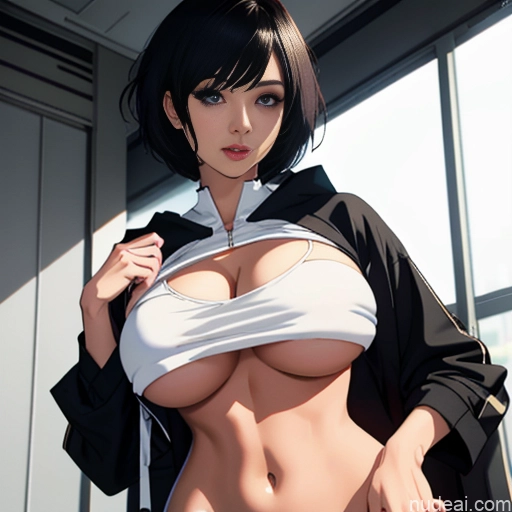 ai nude image of pics of No Panties Under Pantyhose Cropped Hoodie Underboob Soft Anime 18 20s Japanese Huge Boobs Street Black Hair Bobcut Short Hair Unpants Blouse Bright Lighting