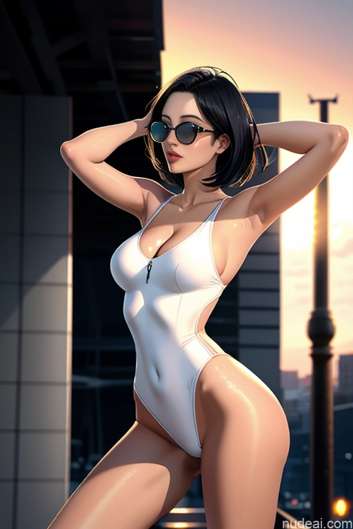 Small Tits Thick Long Legs Front View Dark Lighting Detailed Woman Bedroom Sexy Face 18 One Piece Swimsuit One Black Hair Bobcut Japanese Watercolor Sunglasses Big Ass