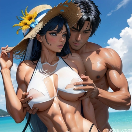 ai nude image of pics of Model Athlete Woman + Man Two Busty Beautiful Muscular Abs Tall Long Hair Tanned Skin 20s Seductive Sexy Face Deep Blue Eyes Black Hair Bangs Straight Hime Cut Anime Front View Bathing Nipple Tweak Nude Hentai Breast Grab(sex Position) Shower Against Glass Sex