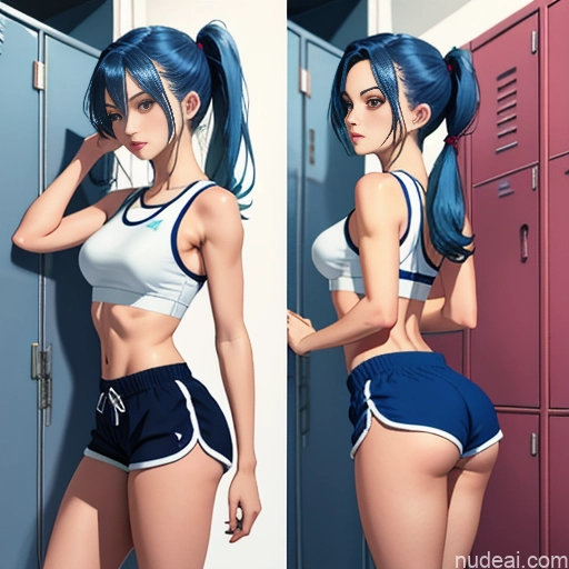 ai nude image of pics of One Sorority Skinny Small Tits Small Ass Short Perfect Body 18 Blue Hair Pigtails White Locker Room Dolphin Shorts Short Shorts Shirt Transparent Soft Anime Illustration