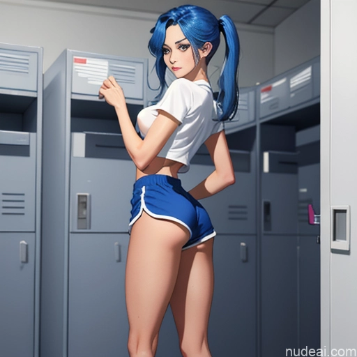 ai nude image of pics of One Sorority Skinny Small Tits Small Ass Short Perfect Body 18 Blue Hair Pigtails White Locker Room Dolphin Shorts Short Shorts Shirt Transparent Soft Anime Illustration