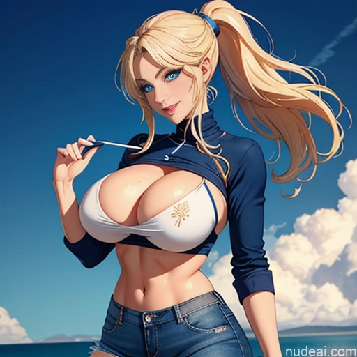 ai nude image of pics of One Huge Boobs Perfect Boobs Beautiful Perfect Body Happy Deep Blue Eyes Blonde Ponytail Cafe Soft + Warm Skin Detail (beta) Jeans Shirt Cleavage Transparent Jeans Undone Jewelry Huge Tits, Hard Nipples Woman 20s