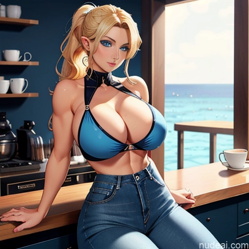 ai nude image of pics of One Huge Boobs Perfect Boobs Beautiful Perfect Body Deep Blue Eyes Blonde Ponytail Cafe Soft + Warm Skin Detail (beta) Jeans Shirt Cleavage Transparent Jeans Undone Jewelry Huge Tits, Hard Nipples Woman 20s Seductive