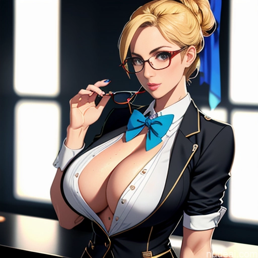 ai nude image of pics of Woman One Huge Boobs Perfect Boobs Beautiful Glasses Perfect Body Huge Tits, Hard Nipples 30s Blonde Ginger Hair Bun Soft + Warm Skin Detail (beta) Casino Blouse Bow Tie Mini Skirt Waitress Pokies Transparent Dark Lighting Bar