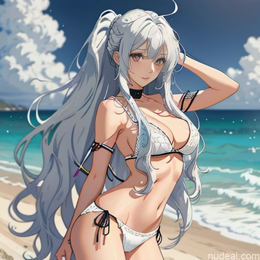 Woman One Skinny Long Hair 20s Seductive White Hair Bangs Messy White Soft Anime Beach True Off-shoulder Bikini Crisp Anime Undressing Bra Beautiful