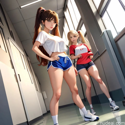 Asian Sorority Two 18 Sexy Face Blonde Brunette Pigtails Straight Soft Anime School Hallway Dolphin Shorts Scissors Pose