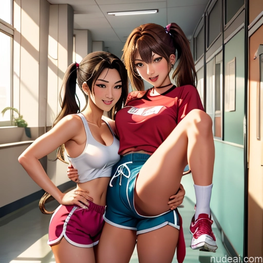 Asian Sorority Two 18 Sexy Face Blonde Brunette Pigtails Straight Soft Anime School Hallway Dolphin Shorts Scissors Pose